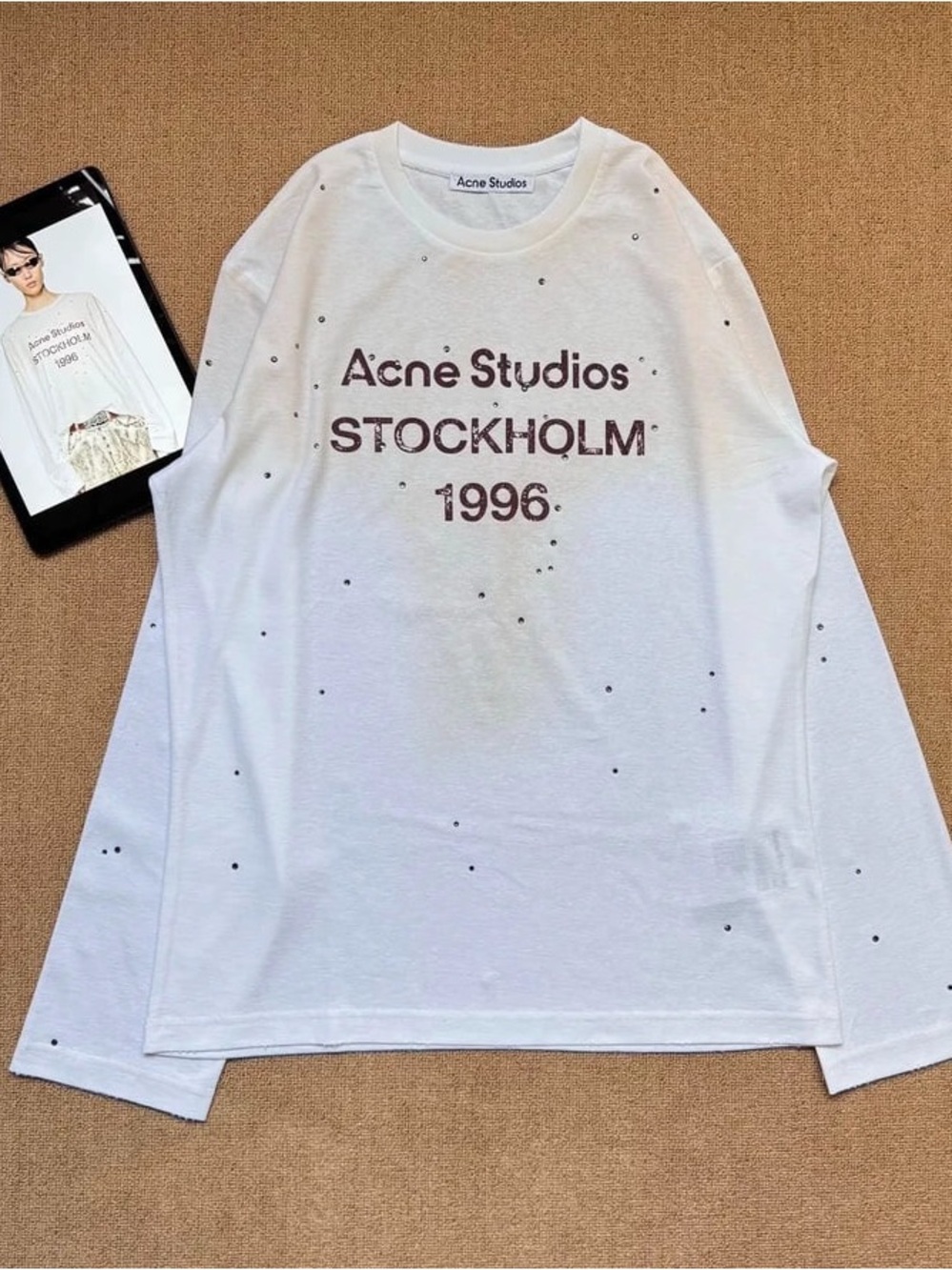 Acne White Long Sleeve Tee with Burgundy Print